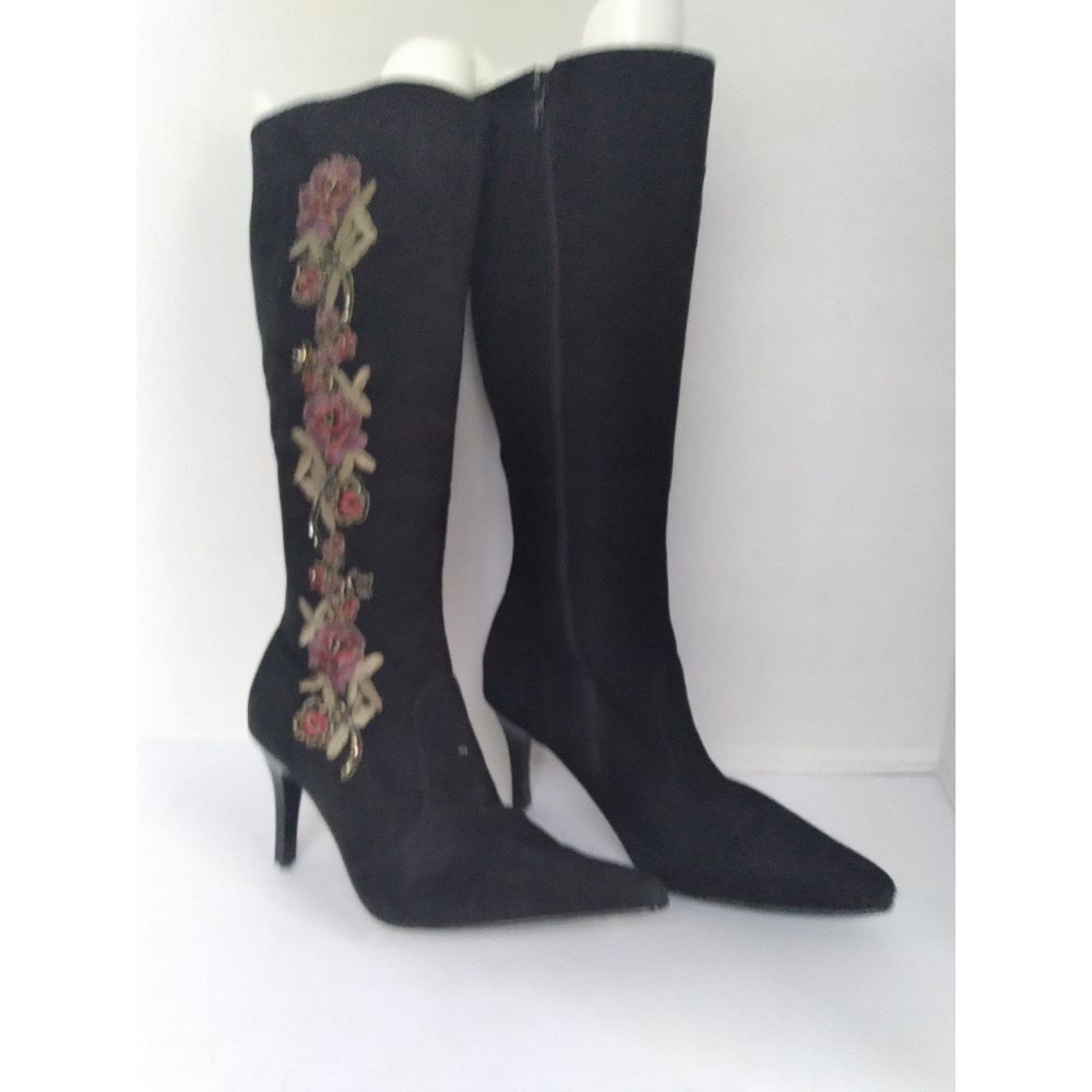 Elegant Black Knee-High Boots with Floral Embroidery Stiletto‎ Heel Footwear